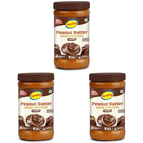 Image of Sundrop High Protein Peanut Butter | Whey Protein Added | Dark Chocolate | 30g Protein & 5.8g Fiber| 500g Crunchy | Low in Sodium | No Preservatives | Tasty & Healthy Nut Butter Spread for Breakfast