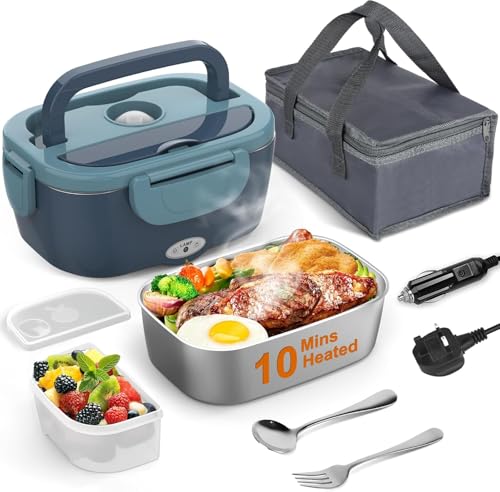 Electric Lunch Box 80W, 12V/24V/230V Upgraded Large 1.5L Heated Lunchbox Heating Food Warmer with Insulated Bag Fork Spoon 0.45L Fruit Container for Car Truck Office