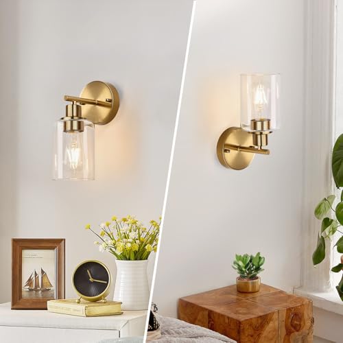 Image of Zarbitta Set of 2 Wall Sconces for Bathroom, Brushed Gold Modern Vanity Lights with Clear Glass Shade,Bathroom Wall Lamp for Mirror Kitchen Living Room Hallway Cabinet Porch