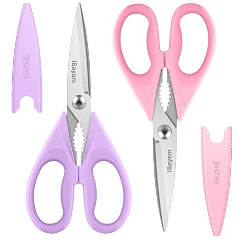 iBayam Kitchen Scissors, Purple Kitchen Utensils Accessories, All Purpose Heavy Duty Meat Scissors, Poultry Shears, Dishwasher Safe, Stainless Steel, 2-Pack, Pastel Pink, Soft Purple