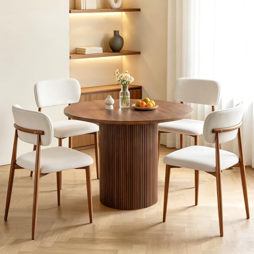 Image of weselon Mid-Century Modern Dining Chairs Set of 4, Upholstered Velvet Dining Room Chairs with Ergonomic Curved Backrest, Wood Grain Metal Frame with Adjustable Feet (Walnut Frame+Gray White Seat, 4)