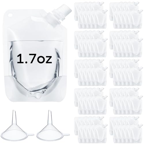 Seeloowy 100 Pcs Plastic Pouches Bulk Disposable Clear Juice Pouches Squeeze Salsa Leakproof Beverage Bags with Funnel for Adult Travel Outdoor Sports Concert (1.7 oz)