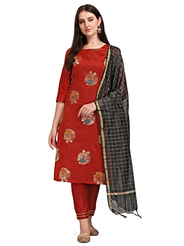 Image of VredeVogel Cotton Silk Blend Straight Embroidery Kurta Pant and Dupatta Set for Women