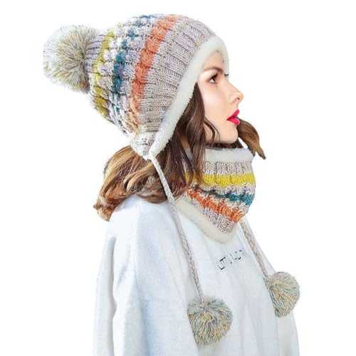 BDSHUNBF Damen Winter Beanie Mütze Pom Pom Strickmütze Schal Set Winter Bommelmützen für Damen und Herren Outdoor Sport Ski Weiß, weiß, Einheitsgröße