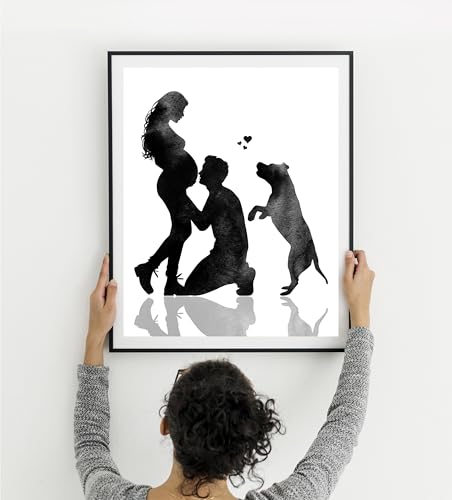 Poster Pregnancy Reveal, Couple And Dog Print American Bulldog Playing Man Kissing Pregnant Belly Black Watercolor Livingroom Picture Home Decor Colorful Bedroom Bathroom Hanging Photo Art,4