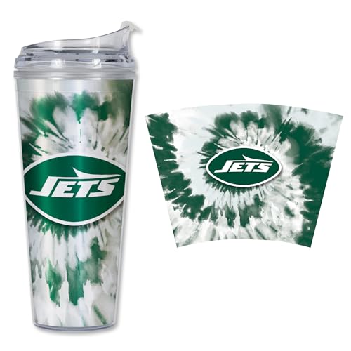 Image of Rico Industries NFL Football New York Jets Metallic Tie Dye 24oz Metallic Acrylic Tumbler with Hinged Lid, Officially Licensed Double Wall Tumbler with Straw