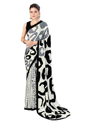 Image of SIRIL Women's Crepe Silk Printed Saree with Unstitched Blouse Piece
