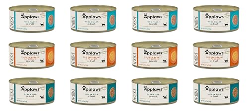 Applaws Additive Free Canned Cat Food in Broth in 3 Flavors: 4 Tuna, 4 Ocean Fish and 4 Chicken with Pumpkin (12 Cans Total, 2.47 Ounces Each)