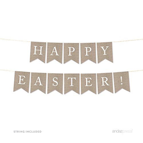 Andaz Press Hanging Bunting Pennant Party Banner with String, Printed Burlap, Happy Easter!, 4-Feet, 1-Set, Includes String