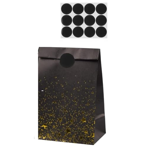 12 Sacs Cadeaux en Papier avec Autocollants & Motif Étoilé - Pour Bonbons, Favoris, Anniversaire Enfant, Mariage & Fête (Noir)