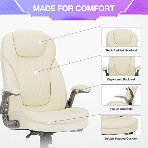 Image of COLAMY Ivory Leather High Back Executive Office Chair Set of 2, Ergonomic Desk Chair with Flip-up Arms, Thick Cushion, Silent Nylon Wheels, Adjustable Height & Rocking Function, 300lbs Capacity