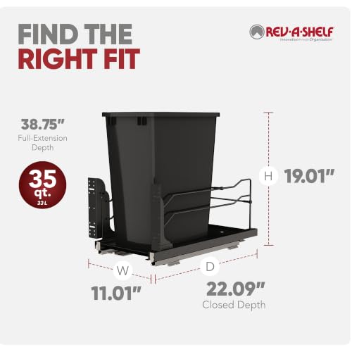 Image of Rev-A-Shelf 35 Qt Pull Out Trash Can with Soft Close for Under Kitchen Cabinets, Min Opening Width of 11.5 inch, Black, 53WC-1535SCDM-118