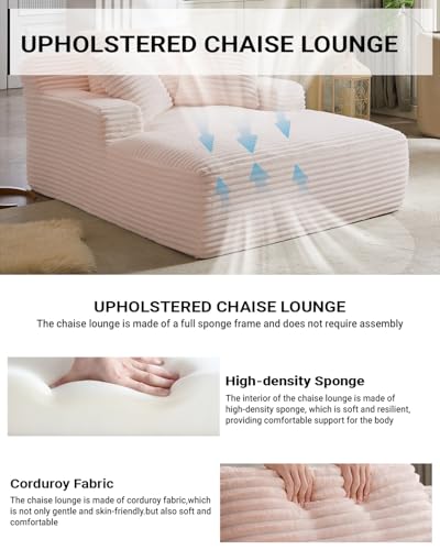 Image of 67 Inch Chaise Lounge Chair Indoor, Oversized Corduroy Upholstered Boneless Sofa Bed, Deep Seat Sleeper Couch Reading Chairs, Cloud Sofas Couches for Living Room, No Assembly Required (Pink)