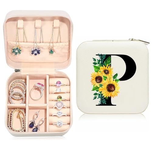 Ldntly Estojo de joias de girassol, caixa de joias de viagem inicial, presentes personalizados para mulheres, meninas adolescentes, mãe, esposa, damas de honra, aniversário de 21 anos