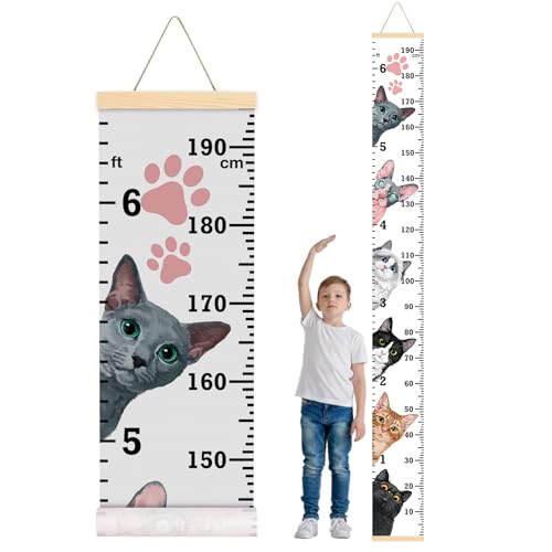 WIRESTER Kids Growth Height Measuring Chart, Canvas Wall Hanging Ruler, Child Height Measure Wall Chart for Home Nursery Classroom Bedroom Decor 76 x 7.87 Inch - Cat Faces Hide and Seek