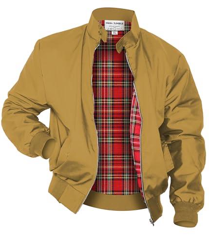 Image of Mega_Jumble Mens Vintage Harrington Jacket Classic Retro Mod Skin Scooter 1970's Bomber Tartan Check Lining Retro Style Coat (UK, Alpha, M, Regular, Regular, Mustard)