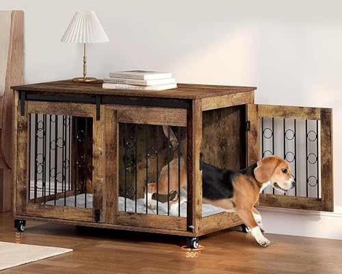 EUGAD 100cm Gabbia per Cani da Interno, Kennel Cane Medio Grande con 2 Porte e Ruote 360° Casetta Gabbia Movibile per Cani, Gabbie per Cane Arredamento in Legno Marrone Vintage 100x56x65cm