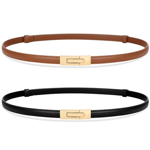 SANSTHS 2 Pack Thin Ladies Waist Belt for Dresses Jeans Pants, Skinny Womens Belt with Antique Gold Buckle