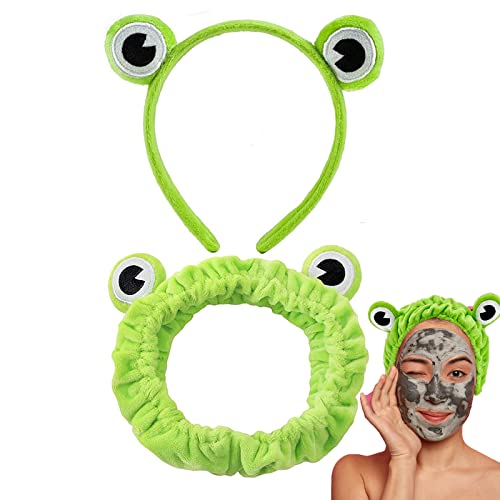 Linhongwu 2Pcs Lovly Frog Hair Band Head Wrap Frog Headband Makeup Face Wash Hair Hoop Cute Green Frog Hairband Headwear Funny Elastic Turban Headbands for Shower Spa Yoga