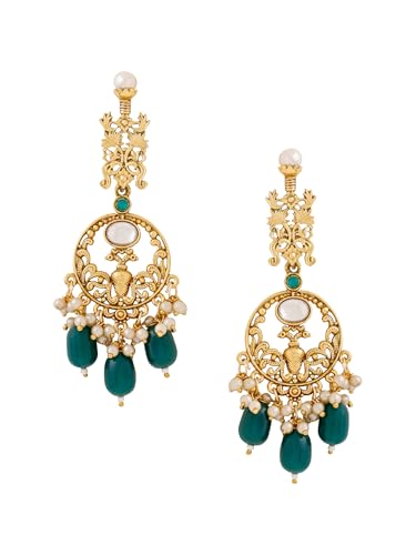 Image of Yellow Chimes Earrings for Women Oxidised Gold Pearl Crystal Studded Green White Beads Drop Dangler Drop Earrings for Women and Girls