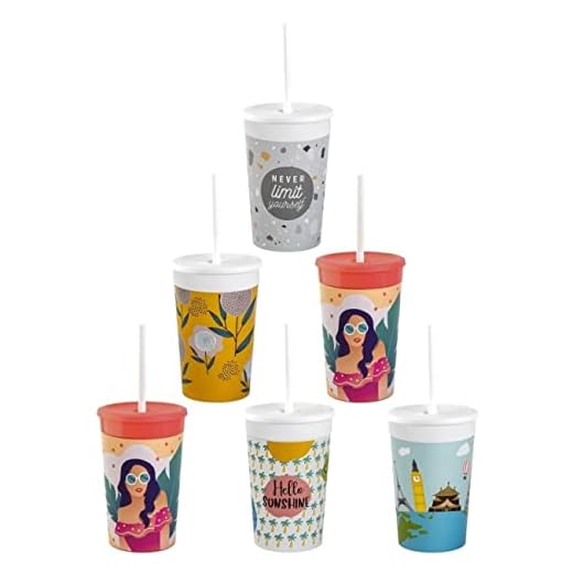 6 x plastmuggar med lock färgglad blandning dryckeskoppar med sugrör festmugg plast dricksglas återanvändbara 0,33 l