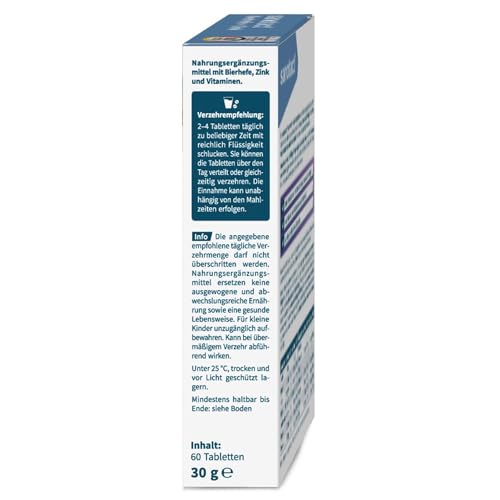 sanotact Bierhefe + Zink (60 Tabletten) • Für Haut, Haare & Nägel • Vitamin-Komplex mit Bierhefe, Zink, Biotin, Vitamin B12, B6 & Vitamin C • Haut & Haar Vitamine • 100% Vegan