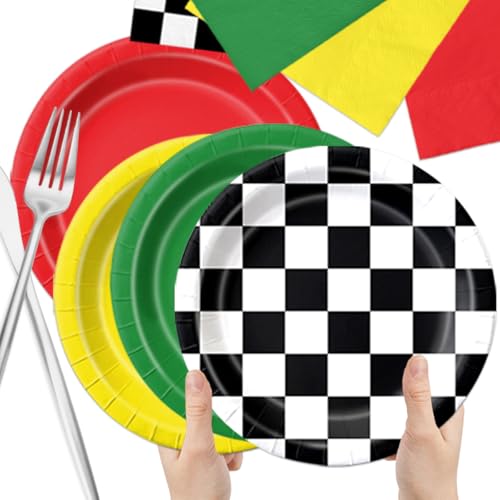 Image of CMUSKO Race Car Birthday Party Decorations - 60Pcs Traffic Light Plates & Napkins Kit Road Checkered Flag Tableware for Boy Party Supplies