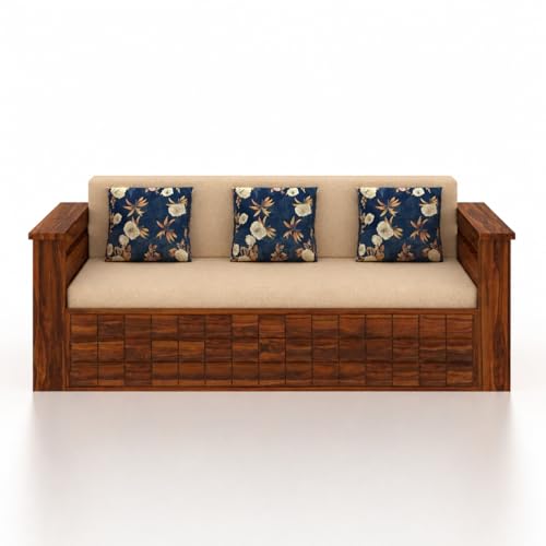 Image of Ganpati Arts Solid Sheesham Wood 3 Seater Diamond Sofa Cum Bed with Side Pocket for Living Room Bedroom Wooden Bedroom Furniture for Home 1 Year Warranty (Natural Finish)