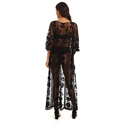 marysgift Beach Coverups for Women UK Black Lace Kimono Long Bathing Suits Beachwear Open Front Crochet Swim Cover-ups & Sarongs Black A000022 Cover