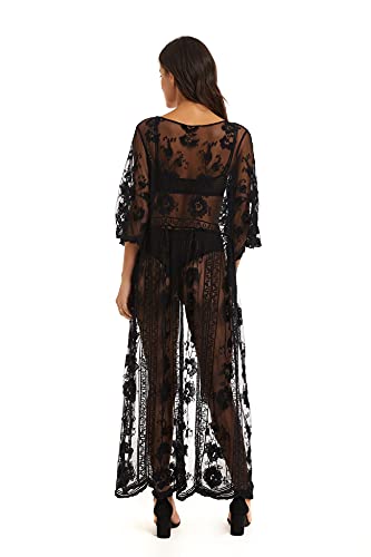 marysgift Beach Coverups for Women UK Black Lace Kimono Long Bathing Suits Beachwear Open Front Crochet Swim Cover-ups & Sarongs Black A000022
