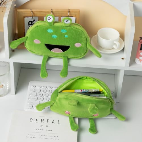 Image of HSYHERE Cute Novelty Funny Big Eyes Big Mouth Happy Smiling Green Frog Soft Stuffed Surface Fluffy Clothes Zipper Pencil Box Pencil Case Pencil Storage Holder Pouch Pen Bag -Laughing