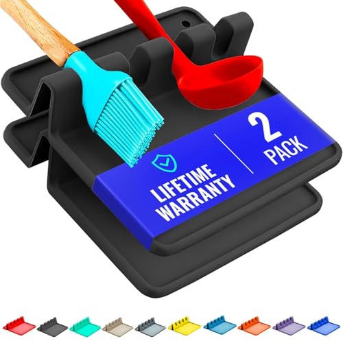 Black Silicone Spoon Rest for Stove Top with Drip Pad (Two Pack) - Heat-Resistant, BPA-Free Utensil Rest & Spoon Holder for Kitchen Counter - Grill Utensil Holder for Spatulas, Tongs, Ladles