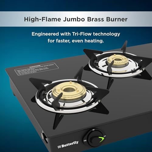Image of Butterfly Alpha Max 4 Burner Glass Top Gas Stove | Removable Drip Tray | Brass Burner Gas Stove with Tri‑Flow Jumbo Burner| 5 Years Warranty