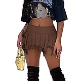 Women's Lace Short Skirt Sexy Y2K Solid Low Waist Patchwork Flowy Ruffle Pleated Mini Skirts Streetwear Brown XS