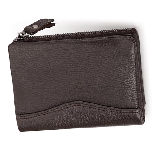 Cartera de piel auténtica para hombre, diseño duradero, amplias ranuras para tarjetas, estilo plegable delgado, bloqueo RFID para uso diario, viajes, Marrón, Color sólido