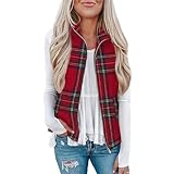 Fashion Plaid Vests for Women:Casual Zip up Lightweight Collared Sleeveless Jackets with Pockets Fall Winter Outfits(Red,Large)