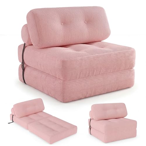 Image of COSTWAY Folding Sofa Bed with Pillow, Convertible Couch (Pink) | with Backrest & Fixing Straps, Boneless Convertible Sleeper Chair for Adults, Guest Use, Living Room