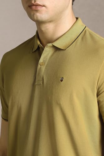 Image of Louis Philippe Men's Slim Fit Single-Tuck Pique Stylized Sleeve Print and Contrast Tipping Half Sleeve Solid Polo Tshirt