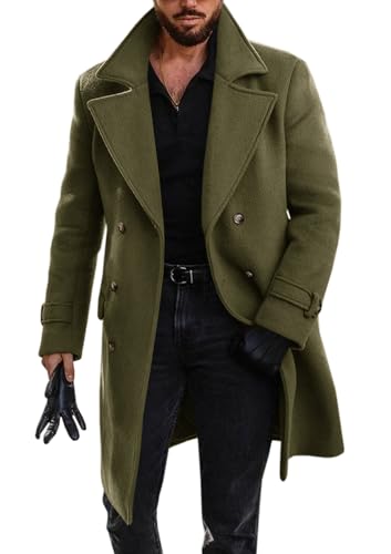Runcati Mens Double Breasted Trench Coat Mid Long Jacket Notched Lapel Winter Chunky Warm Overcoat