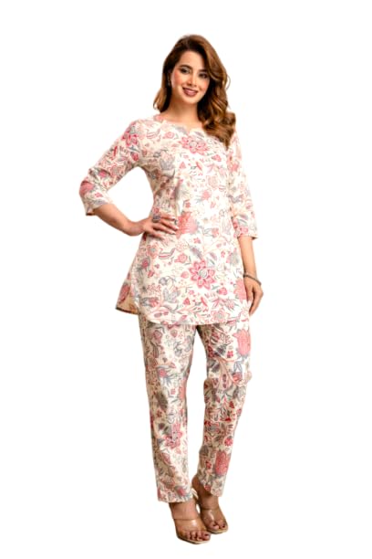Women's Pure Cotton Printed Night Suit,Top and Relaxed Pajama Set, Stylish Sleepwear