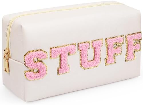 Preppy Makeup Bag, Synthetic Leather Patch Cosmetic Bag with STUFF Chenille Letter for go out, Gift for Girlfriend or Wife, Present for Girls, Daughter and Mum (Cream)