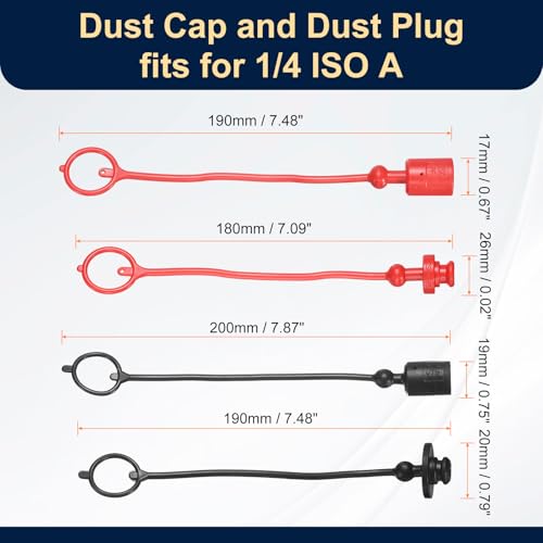Image of HARFINGTON 2Sets 1 /4 Hydraulic Hose Dust Cap and Plug Kit, ISO-A Male Dust Cap & Female Plug Cover Quick Disconnects Air Coupler Cover Port Plug Fittings with Retention Ring, Red /Black