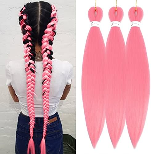 Aliabsion Pre Stretched Pink Braiding Hair Professional Human Colored Synthetic Fiber Hair Extensions for Braiding 3 Packs 26 inch Knotless Prestretched Braiding Hair