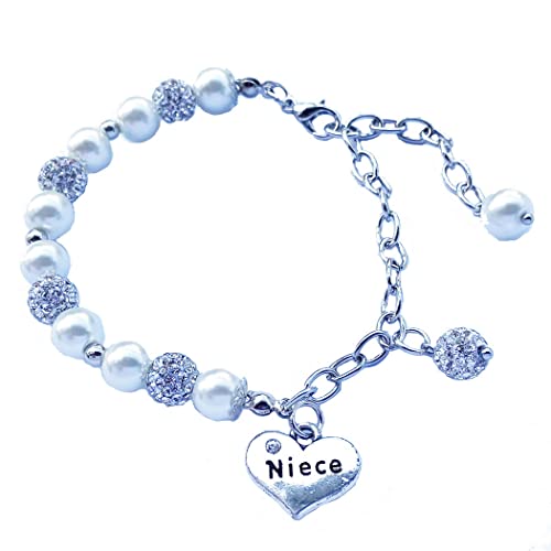 Simulted Pearl Bracelet Rhinestone Heart Niece Charm Alternating Crystal Disco Balls Adjustable Chain Link Jewelry