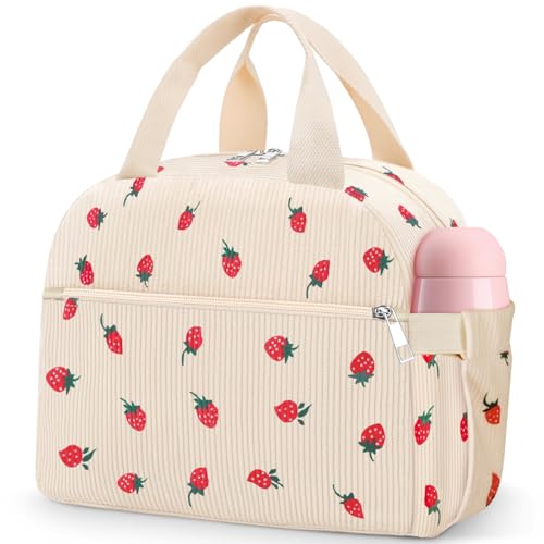 KUBYA Lunch Bag Lunch Box for Women Adults Men, Cute Strawberry Corduroy Insulated Reusable Work Leakproof Simple Large Lunch Boxes Tote Bag Cooler Bag