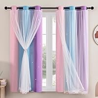 XiDi Curtains for Girls Bedroom 2 Panel Set, Thermal Insulated Window Ombre Panels, Rainbow Pink Drapes for Kids Room Unicorn Wall Decals, Black Out Curtains 54 Inch Long