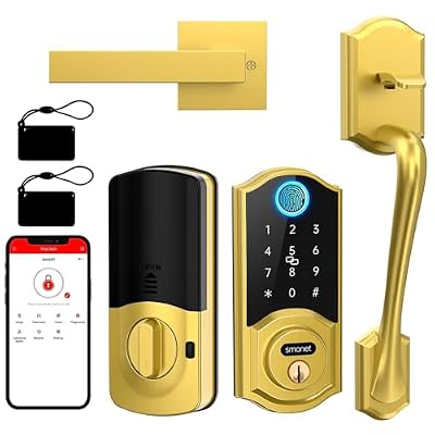 SMONET Smart Lock Front Door with Handle, Keyless Entry Door Lock Set, Fingerprint Smart Deadbolt with App Bluetooth, Electronic Keypad Auto Lock Compatible with Alexa, Gold