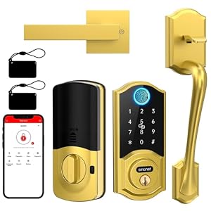 SMONET Smart Lock Front Door with Handle, Keyless Entry Door Lock Set, Fingerprint Smart Deadbolt with App Bluetooth, Electronic Keypad Auto Lock Compatible with Alexa, Gold