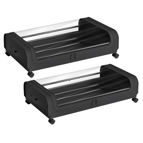 Image of Nayasa Under Bed Storage Box | Storage Organizer | Ideal For Small Space Clothes Storage | Clothes, Shoes, Toys, Books With Clear Cover | Lockable Wheels | Set of 2 | Black