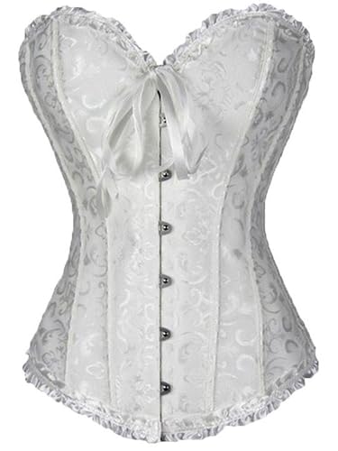 Springcmy Women Plus Size Corset Tops Boned Overbust Bustier Shapewear Lingerie Floral Lace Up Ruffle Trim Waist Push Up Bodysuit (A-White S)
